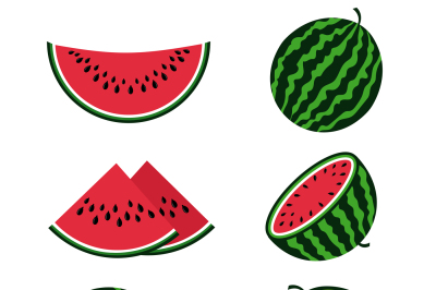 Watermelons and watermelon slices flat cartoon vector set