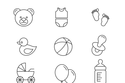 Baby toys and care vector thin line icons