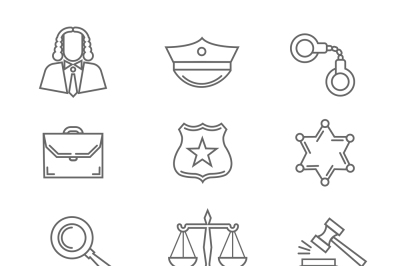 Criminal police law and justice vector thin line icons