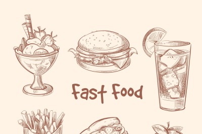 Fast food vector set in hand drawn sketch style