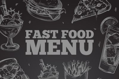 Hand drawn vector fast food on chalkboard in vintage style elements fo