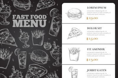 Restaurant brochure vector menu design with hand-drawn fast food