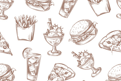 Fast food vector seamless background, menu pattern for your packing de