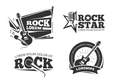 Rock music shop, recording studio, karaoke club vector labels, badges,