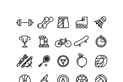 Sports outline symbols equipment thin line vector icons