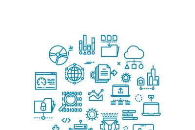 Big computer data outline vector icons in circle design