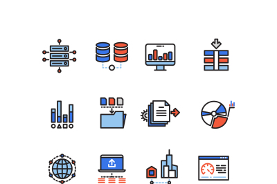 Web security cloud computing technology big data analysis line icons w