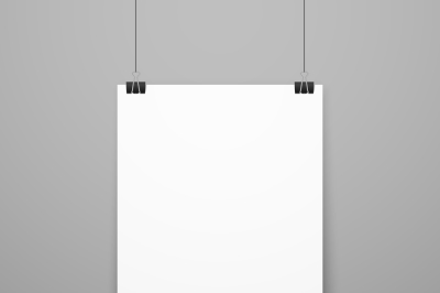 Realistic blank white paper poster hanging on wall vector mockup