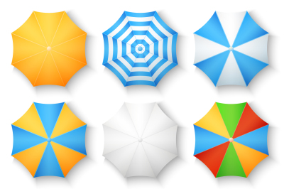Beach sun umbrellas top view vector icons