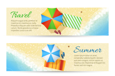 Summer travel vector banners with sea beach