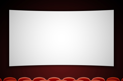 Cinema movie hall with white blank screen. Vector illustration