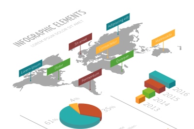 Vector infographic template with 3D isometric elements, world map and 