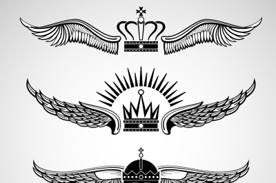 Wings with crowns vector emblems set