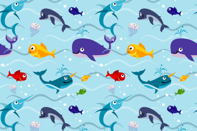 Funny kids fish in water seamless vector background