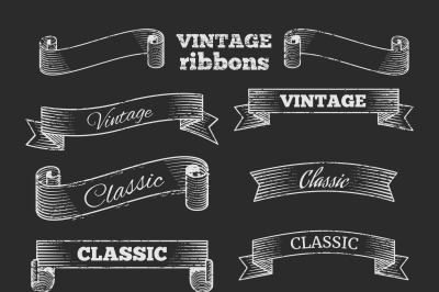 Hand drawn vector retro ribbon banners on blackboard