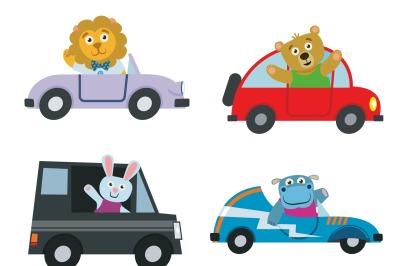 Kids cars transport with cute cartoon animals vector set