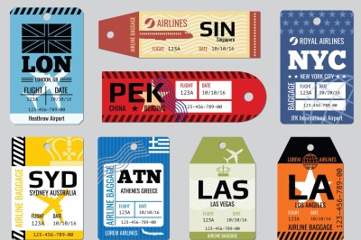 Vintage luggage tags&2C; travel labels vector set