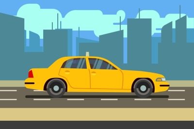 Yellow car taxi cab in cityscape vector illustration