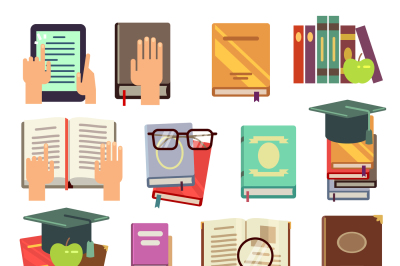 Library, books reading flat vector icons