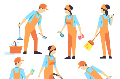 Cleaning staff in different positions. Vector illustration