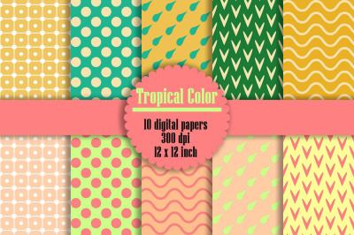 10 Seamless Tropical Color Digital Papers, Polka Dot, Heart