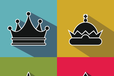 Black crown icons with long shadow on color background