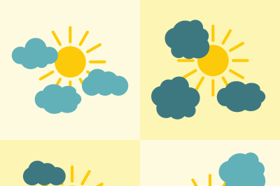 Clouds flat icons on yellow background with sun