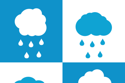 Flat cloud icons with drops on white and blue background