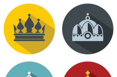 Flat crown icons with long shadow on color background