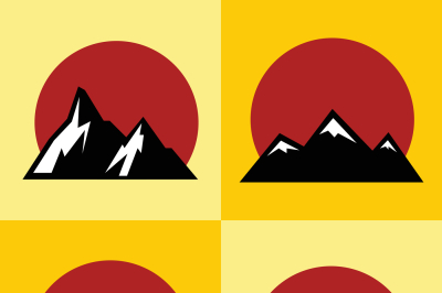 Mountain flat icons with red sun on yellow background
