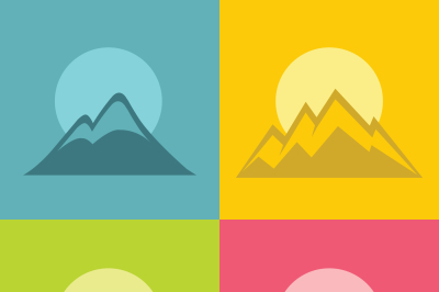 Mountain flat icons with sun on color background