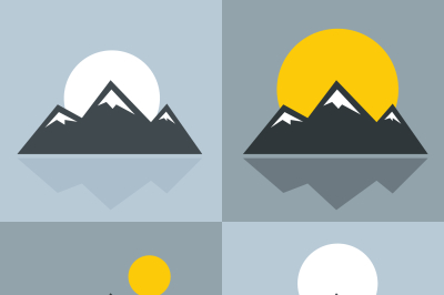 Mountain icons with sun and reflection