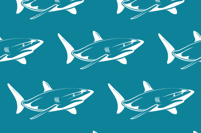 White sharks over blue seamless pattern