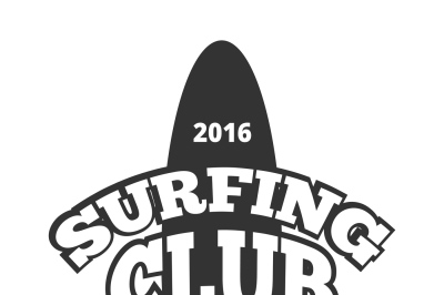 Surfing club logo with board and shark