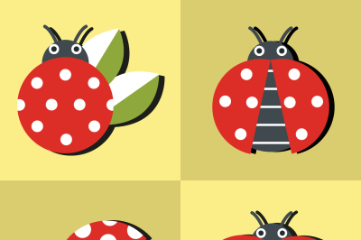 Ladybug icons in style on yellow background