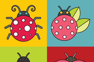 Ladybug icons with black stroke on color background