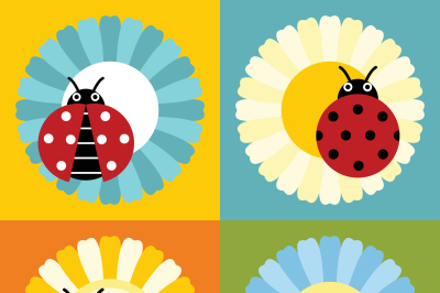 Ladybugs in flower flat style on color background