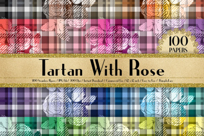 100 Seamless Tartan with Rose Digital Papers, Cloth Texture