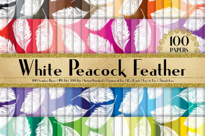 100 Seamless White Peacock Feather Digital Papers 12 x 12 in