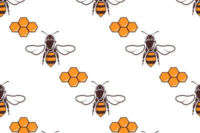 Bees, honey vector seamless pattern in brown and orange