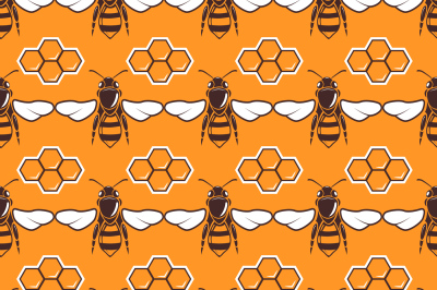 Bees, honey vector seamless pattern in brown and orange