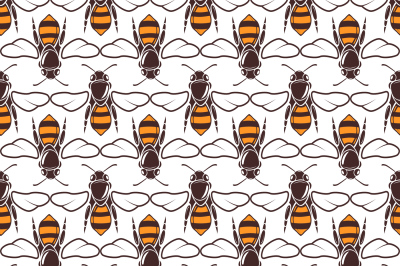 Bees vector seamless pattern over white