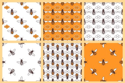 Honey and bees vector seamless patterns set