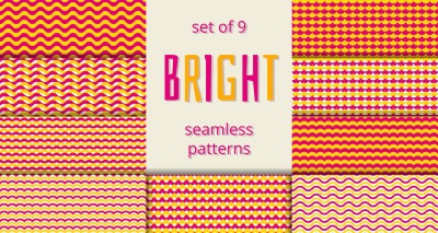 Bright orange and pink waves scales seamless patterns set