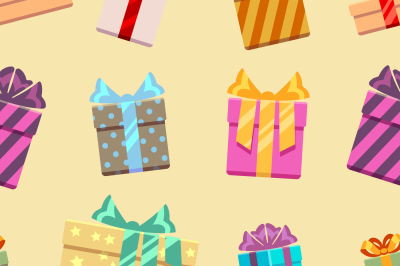 Gift boxes with ribbon bows seamless pattern