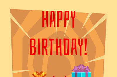 Happy birthday greeting card with a heap of gift boxes