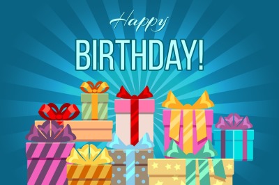 Happy birthday greeting card with a heap of gift boxes