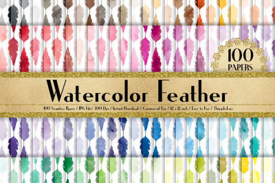 100 Seamless Watercolor Feather, Leaf Digital Papers