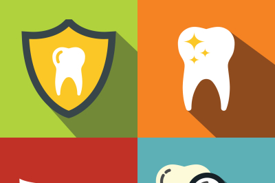 Dentistry medical flat icons on color background with long shadow