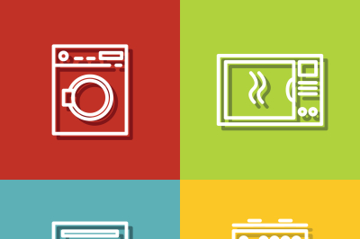 Household appliances icons in line style on color background